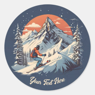 Vintager Bergpin Skifahren orange Sonnenuntergang Runder Aufkleber