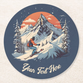 Vintager Bergpin Skifahren orange Sonnenuntergang Runder Pappuntersetzer