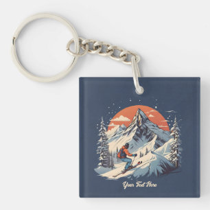 Vintager Bergpin Skifahren orange Sonnenuntergang Schlüsselanhänger