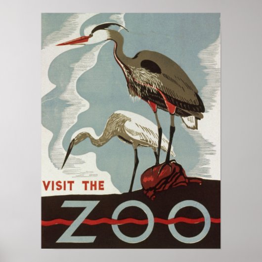 Vintager Besuch des Zooposters mit Vogelkranich Poster (Vorne)
