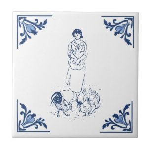 Vintager Betrieb Fütternd Hühner Delft Blue White Fliese