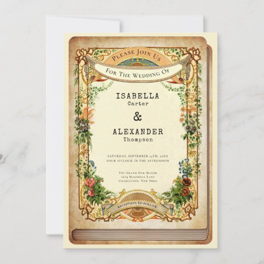 Vintager Bibliotheksbuchüberzug Storybook Garden Einladung (Vorderseite)