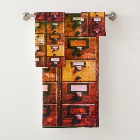 Vintager Bibliothekskartenkatalog Badhandtuch Set (Insitu)