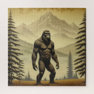 Vintager Bigfoot in den Bergen und Pinien Puzzle