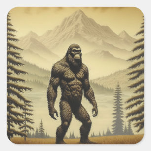 Vintager Bigfoot in den Bergen und Pinien Quadratischer Aufkleber