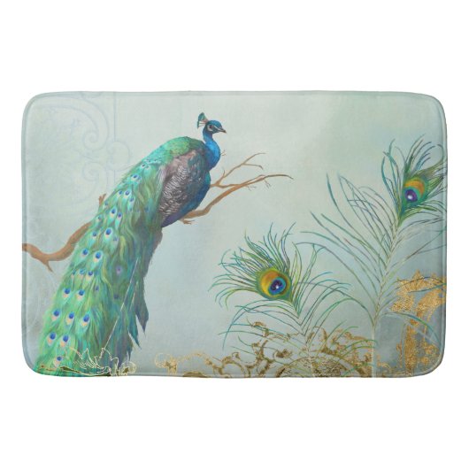 Vintager Bildlauf Elegantes Pfauenfederbein Zweig Badematte (Vorderseite)