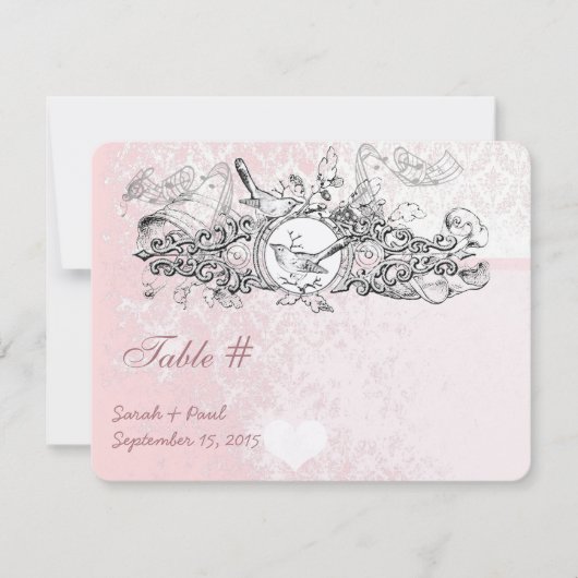 Vintager Bird Pink Musical Scroll Hochzeitstisch N Einladung (Vorderseite)