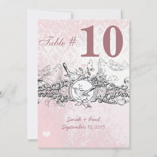Vintager Bird Pink Musical Scroll Hochzeitstisch N Einladung (Vorderseite)