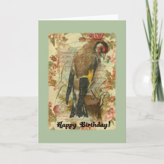 Vintager Birthday Bird mit Blumenhintergrund Karte (Vorderseite)