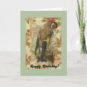 Vintager Birthday Bird mit Blumenhintergrund Karte