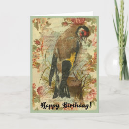 Vintager Birthday Bird mit Blumenhintergrund Karte