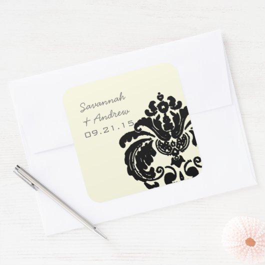 Vintager Black Damask-Hochzeitsticker Quadratischer Aufkleber (Umschlag)