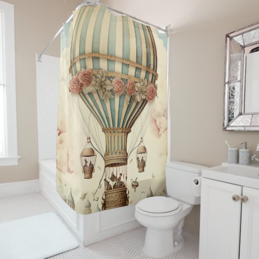 Vintager Bläserblauer Streifen Heißluftballon Duschvorhang (Beispiel)