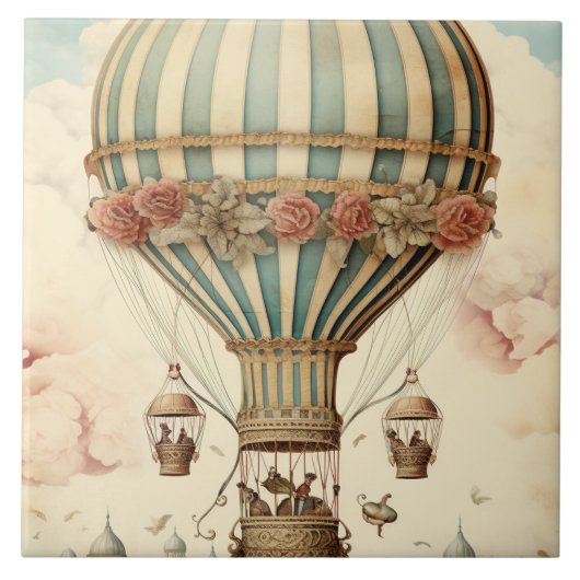 Vintager Bläserblauer Streifen Heißluftballon Fliese (Vorderseite)