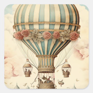 Vintager Bläserblauer Streifen Heißluftballon Quadratischer Aufkleber