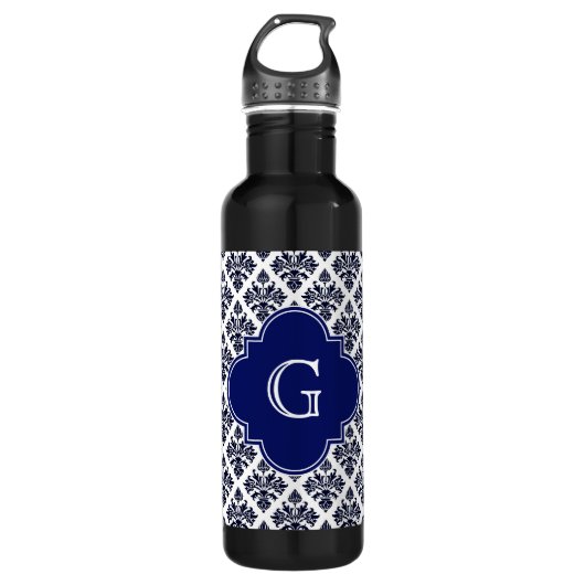 Vintager blau-weißer Damassel #3 Monogramm Trinkflasche (Vorderseite)