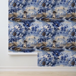 Vintager Blaue Delft Windmühle-Toile-Kern Tapete