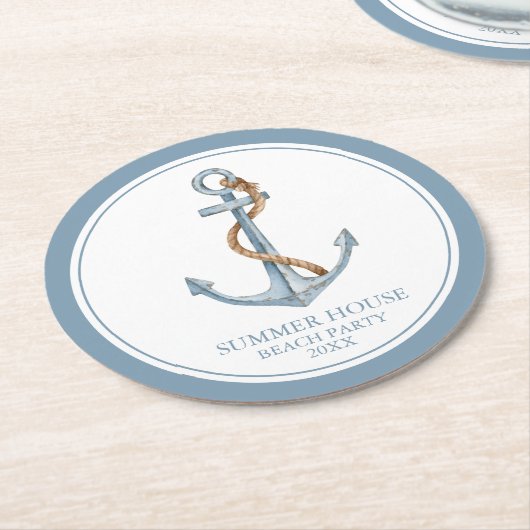 Vintager blauer Anker mit Personalisiertem Seil Runder Pappuntersetzer (Angewinkelt)