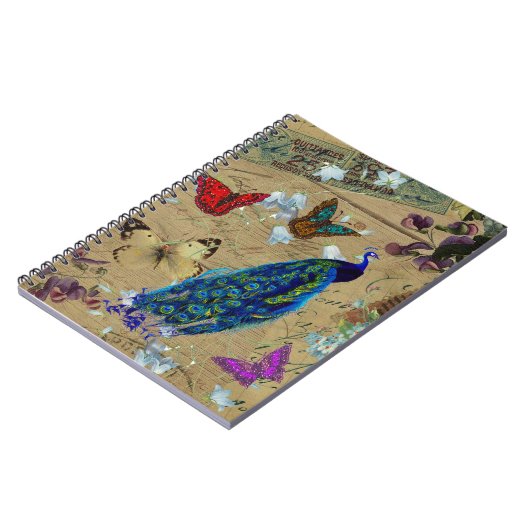 Vintager blauer bunter Pfau-niedlicher Notizblock (Linke Seite)