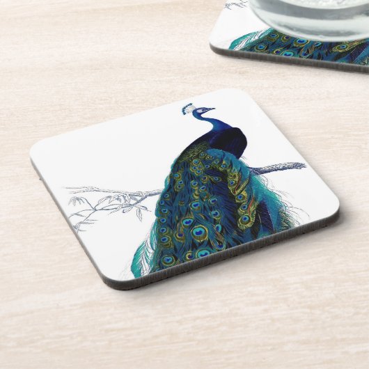 Vintager blauer eleganter bunter Pfau Untersetzer (Linke Seite)