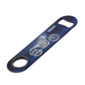 Vintager blauer goldener funkelnder Chrom-Chopper Speedflaschenöffner (Vorderseite Schrägansicht)