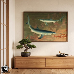 Vintager Blauer Hai isst Fisch, Meeresleben Poster