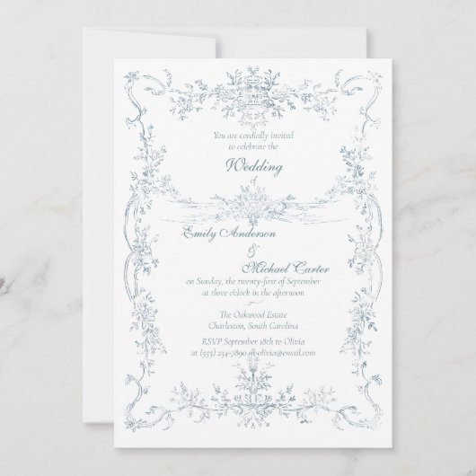 Vintager blauer Hochzeitsrahmen Einladung (Vorderseite)