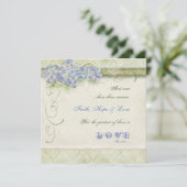 Vintager Blauer Hydrangea Blütenwirbel Damask Einladung (Stehend Vorderseite)