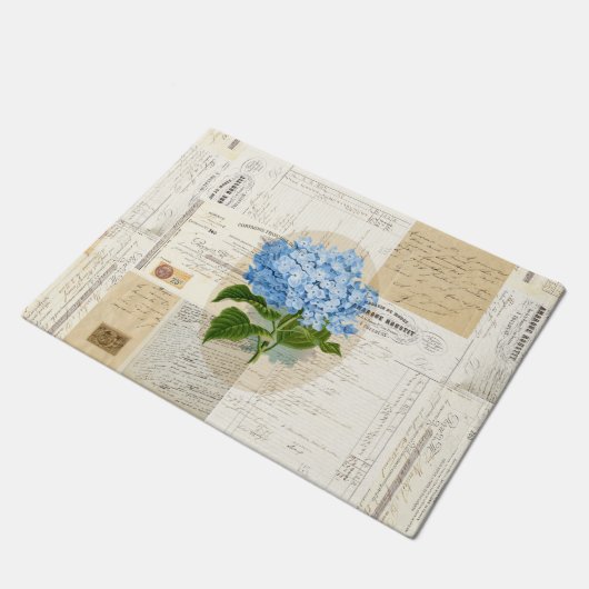 Vintager blauer Hydrangea-französische Fußmatte (Schrägansicht)