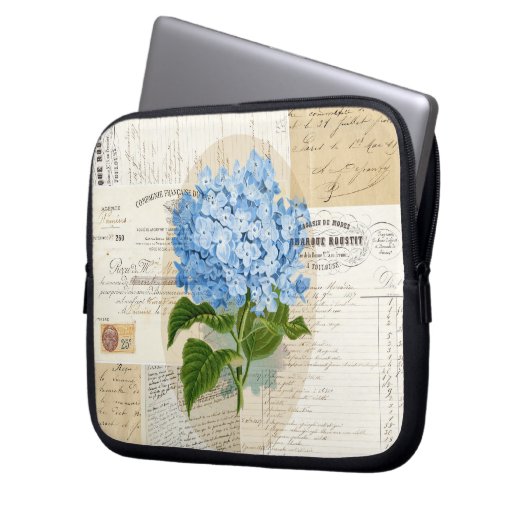 Vintager blauer Hydrangea-französische Laptopschutzhülle (Vorderseite Links)