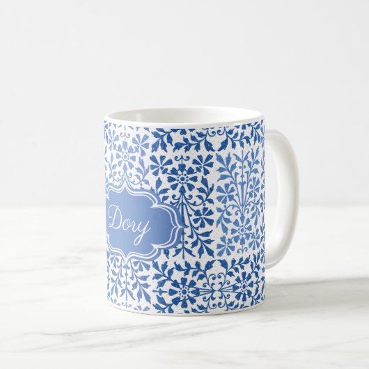 Vintager blauer individuelle Name Kaffeetasse (VorderseiteRechts)