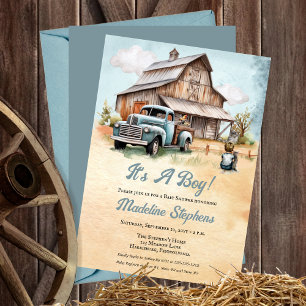 Vintager Blauer LKW   Barn Boy Farm Baby Show Einladung