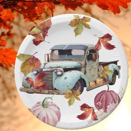 Vintager blauer Lkw Herbstleaves Pumpkins Pappteller