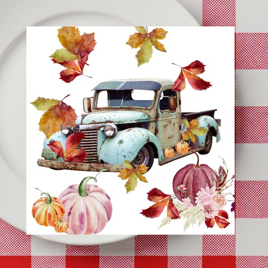 Vintager blauer Lkw Herbstleaves Pumpkins Serviette