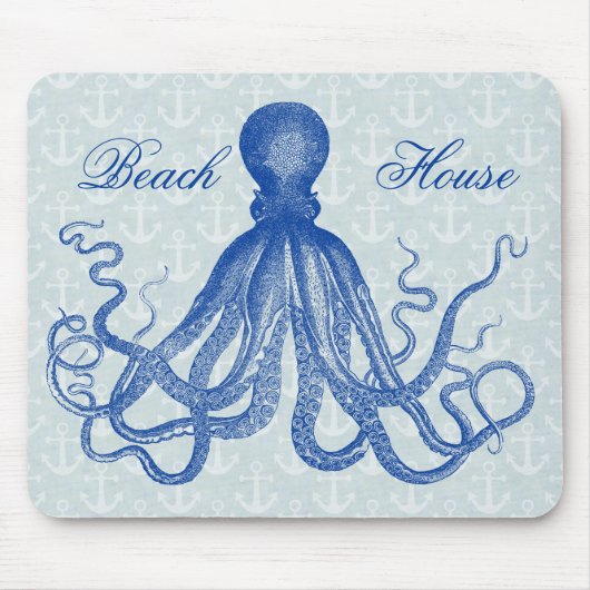 Vintager Blauer Oktopus mit Ankern Personalisiert Mousepad (Vorne)