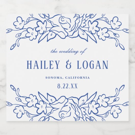 Vintager blauer Rahmen Elegante Hochzeit Schaumweinetikett (Einzelnes Label)
