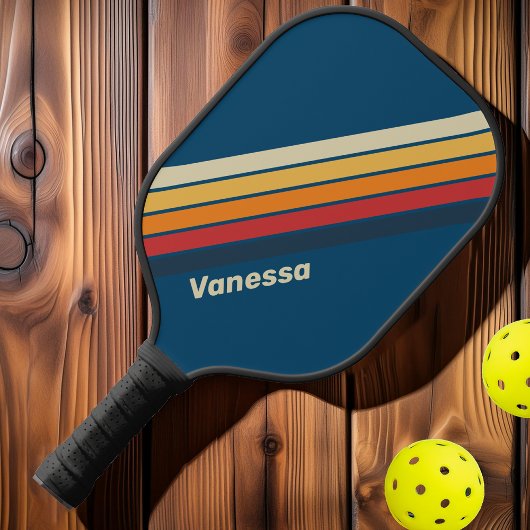 Vintager blauer Regenbogen Streifen mit Namen Pickleball Schläger
