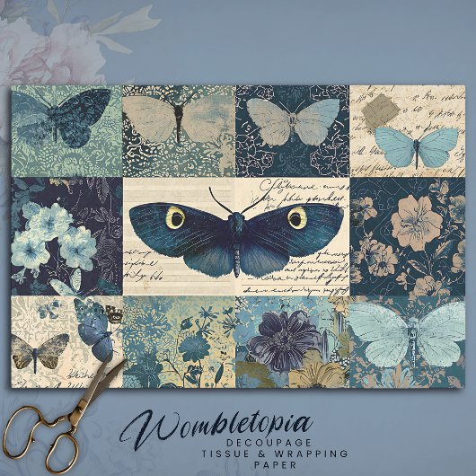 Vintager Blauer Schmetterling Decoupage BlumenColl Seidenpapier