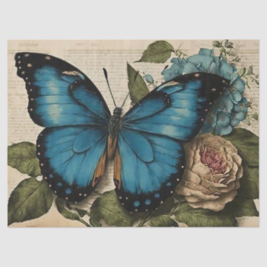 Vintager Blauer Schmetterling und Rose Dekoupage Seidenpapier (Vorderseite)
