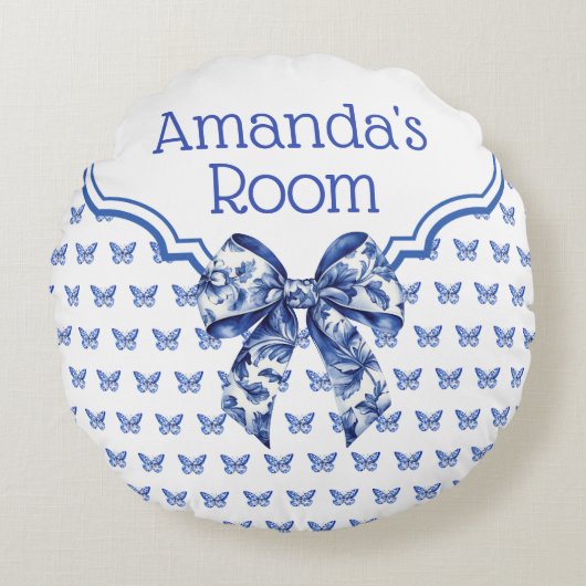 Vintager Blauer Schmetterlingsbock Personalisiert Rundes Kissen (Vorderseite)