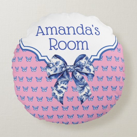 Vintager Blauer Schmetterlingsbock Personalisiert Rundes Kissen (Vorderseite)