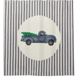Vintager Blauer Weihnachtsbaum Truck Duschvorhang