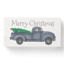 Vintager Blauer Weihnachtsbaum Truck Holzkunst Zei