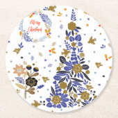 Vintager Blauer Weihnachtsbird-Blume Tree Runder Pappuntersetzer (Vorderseite)