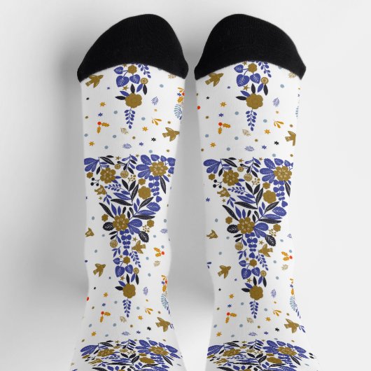 Vintager Blauer Weihnachtsbird-Blume Tree Socken (Oben)