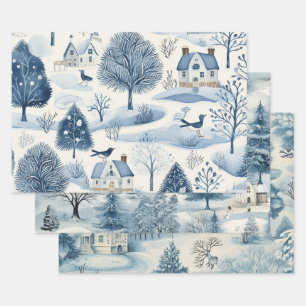 Vintager blauer Weihnachtsschnee Geschenkpapier Set