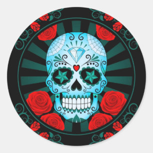 Vintager Blue Sugar Skull mit Rose Poster Runder Aufkleber