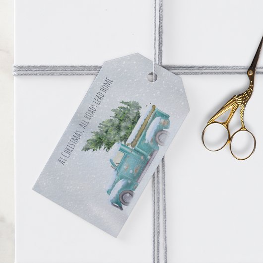 Vintager Blue Truck mit Weihnachtsbaum Geschenkanhänger