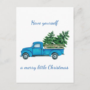 Vintager Blue Truck und Karo Weihnachtsbaumen Ankündigungspostkarte