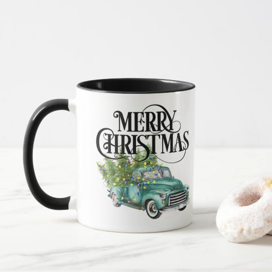 Vintager Blue Truck Weihnachtsbaum Retro Geschenk Tasse (Mit Donut)